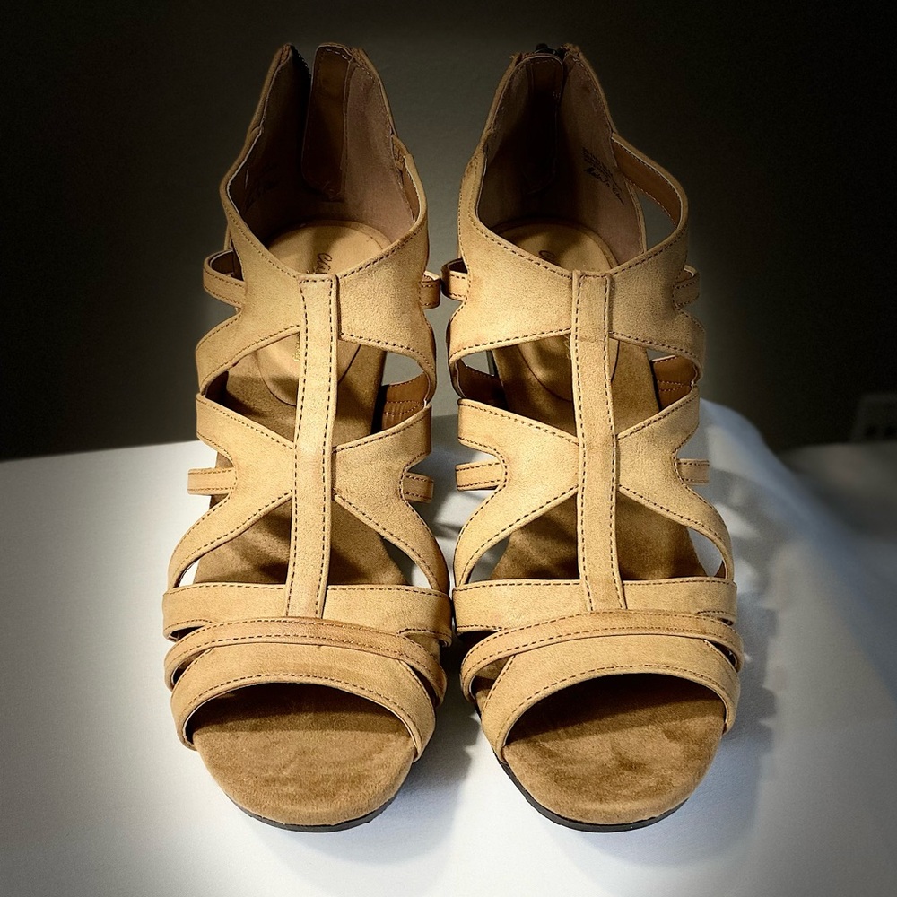 East Street Amaze Cognac Block Heel Sandals (New)